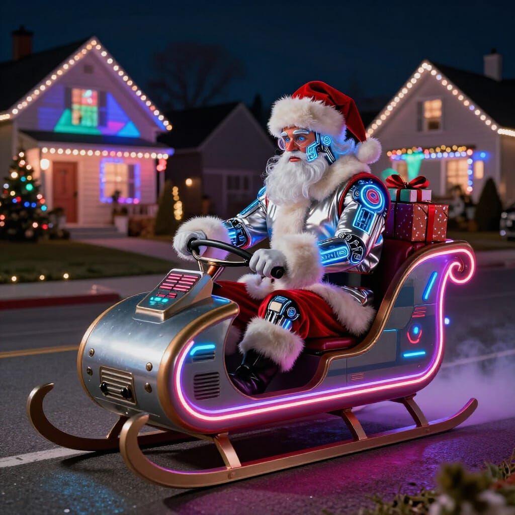 Cybernetic Santa Pilots Retro-Tech Sleigh