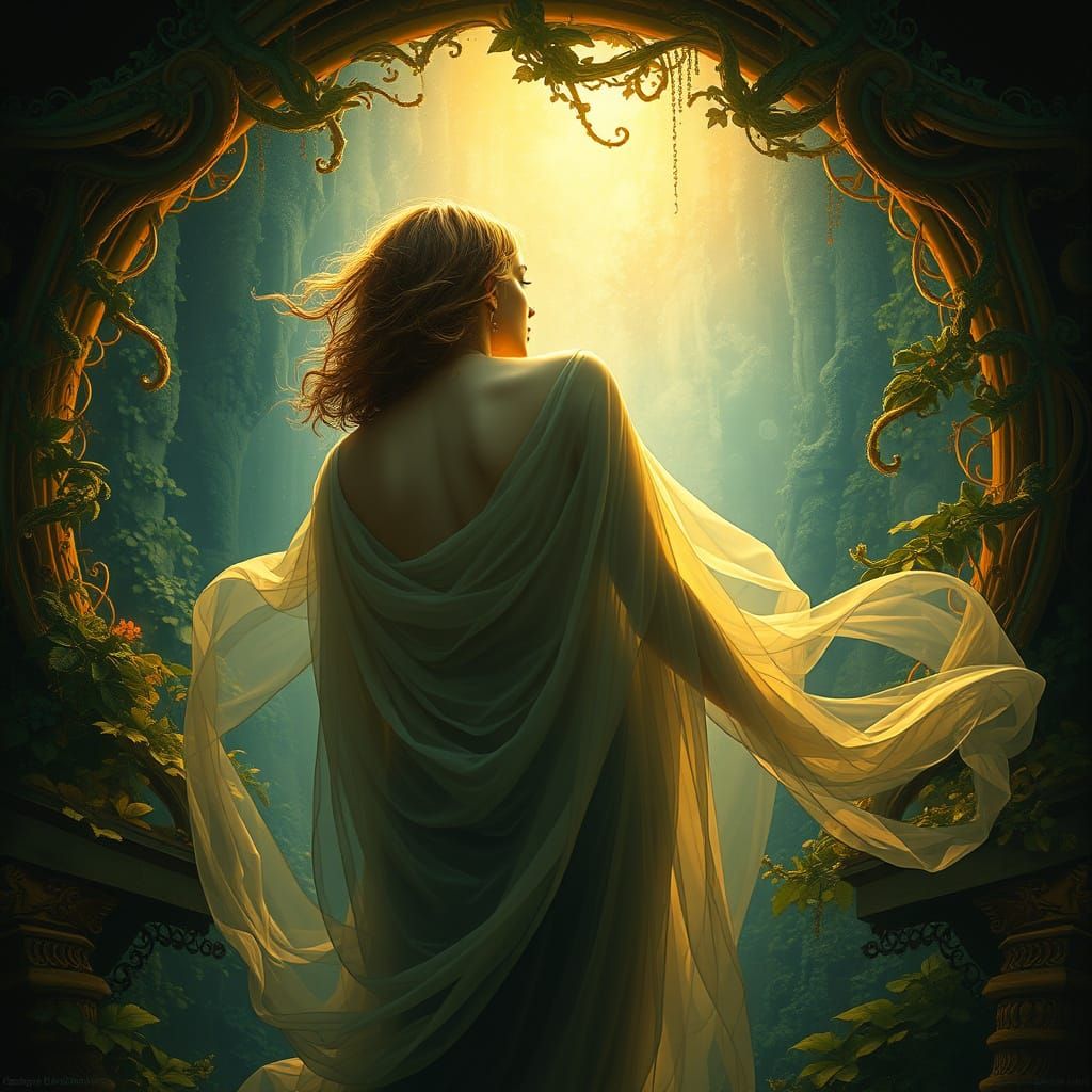 Serene Mystic Lady in Vibrant Greenery