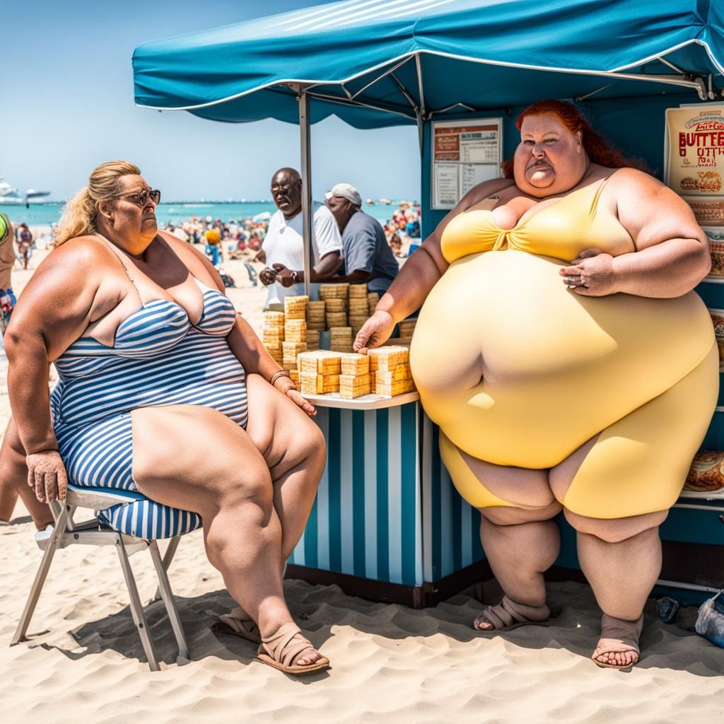 Two Obese Women on Beach Buying Butter