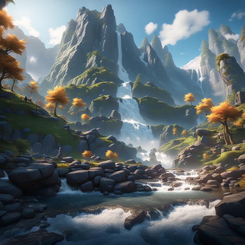Epic Waterfall and Mountain Scene in 3D