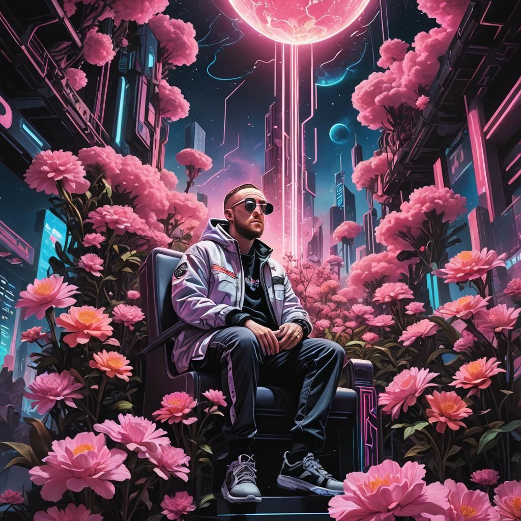 Cyberpunk Throne with Galaxy Flowers: Fantasy Concept Art