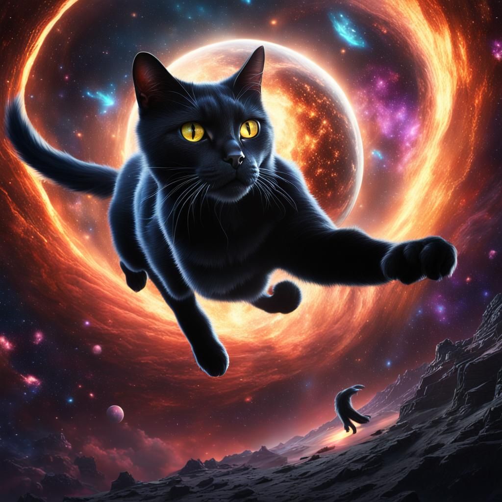 Black Cat Soaring Through the Universe