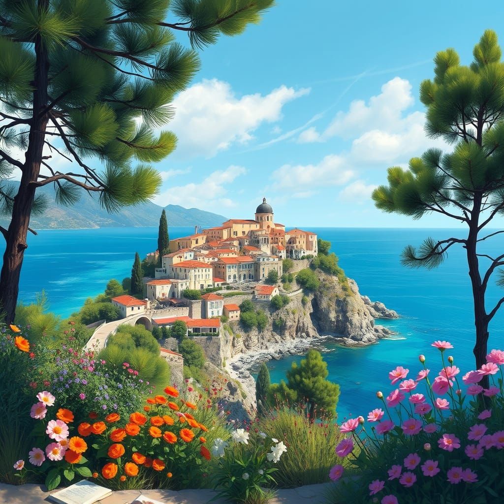 Greek Village Overlooking Turquoise Sea: Photorealistic Spri...