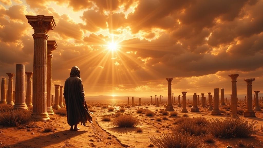 Apocalyptic Desert Figure Amidst Ancient Ruins, Concept Art ...