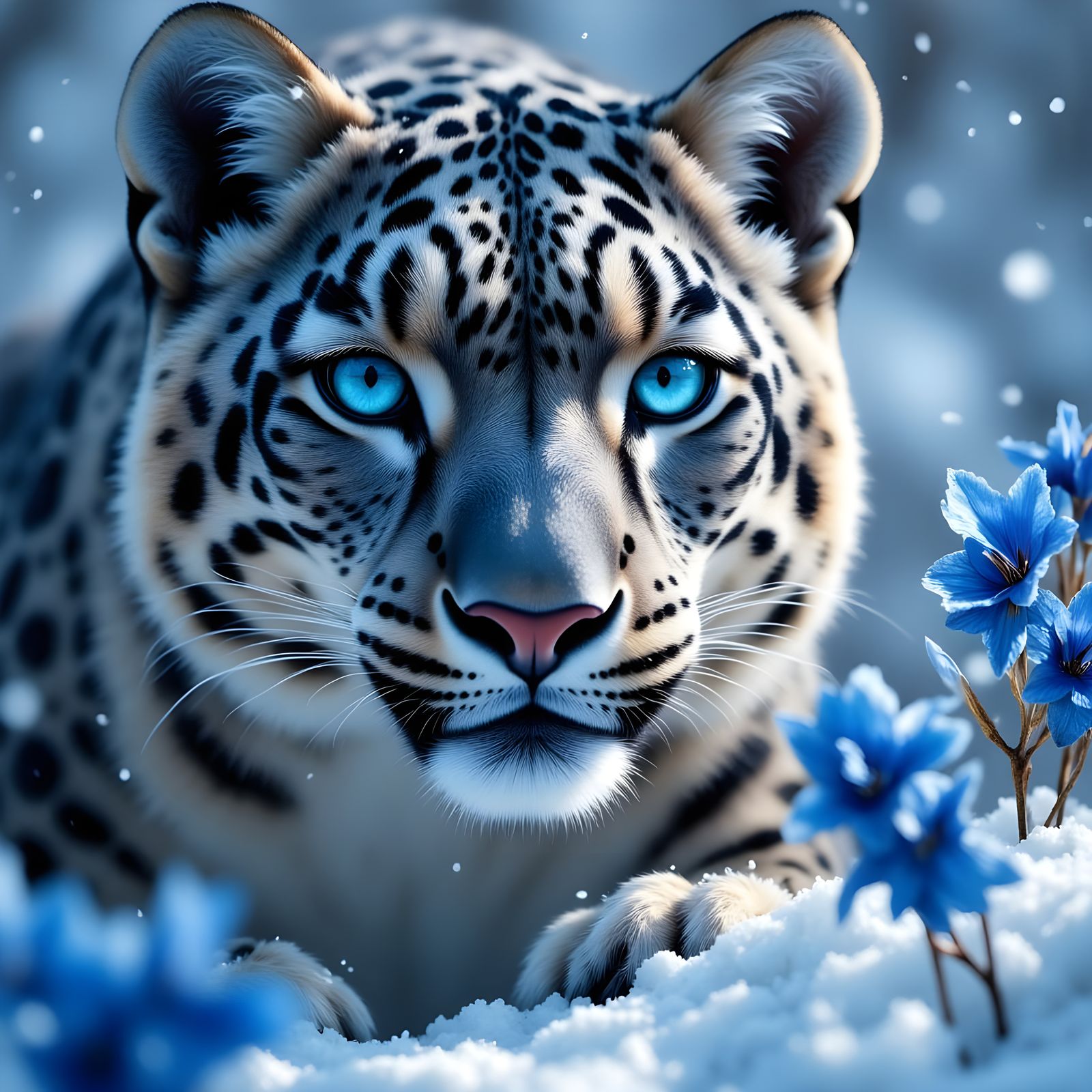 Snow Leopard with Blue Glowing Eyes in Crystal Snow