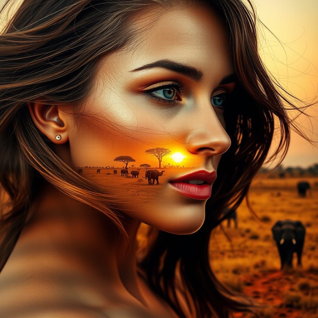 Surreal Savannah Woman Portrait in Double Exposure Style