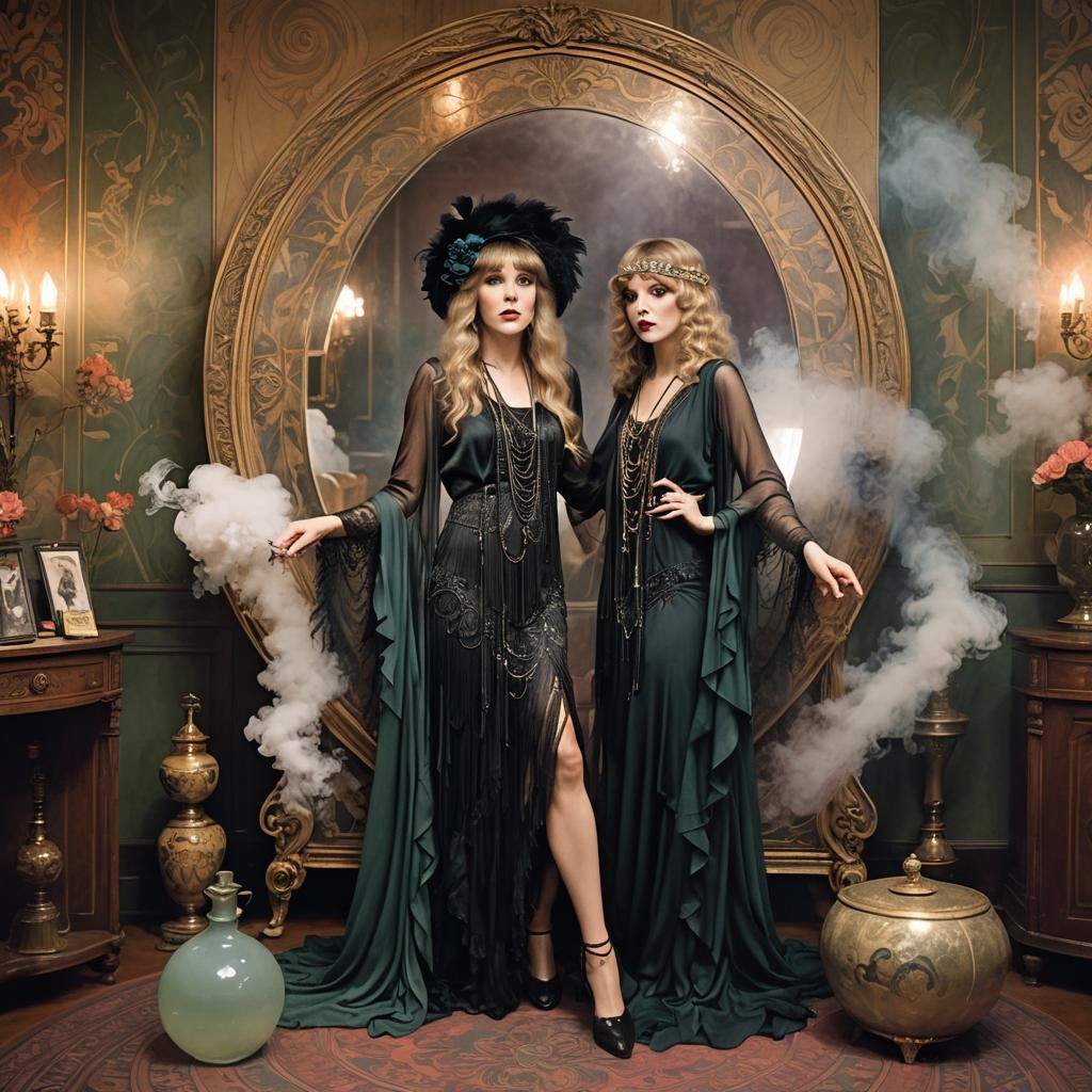 1920s Flapper Casting Spell in Mucha Style