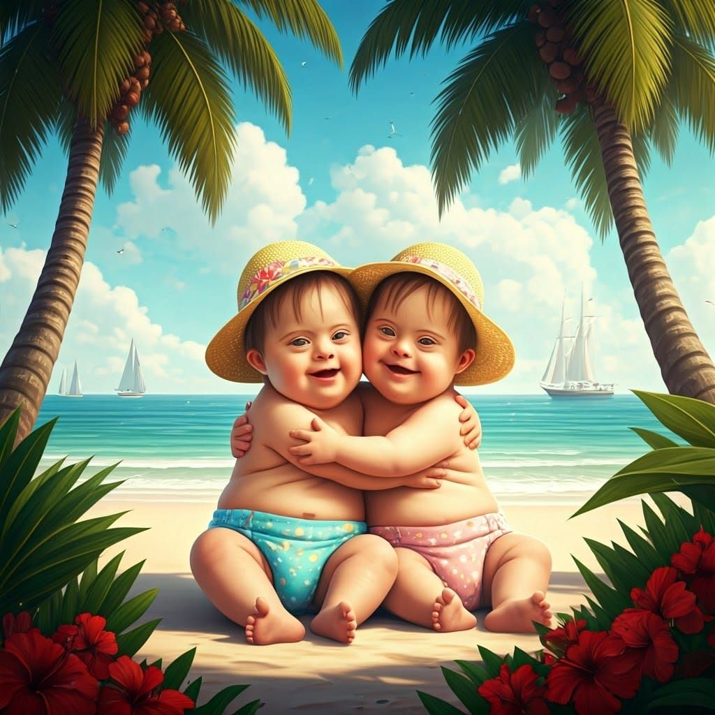 Joyful Down Syndrome Twins on a Tropical Beach