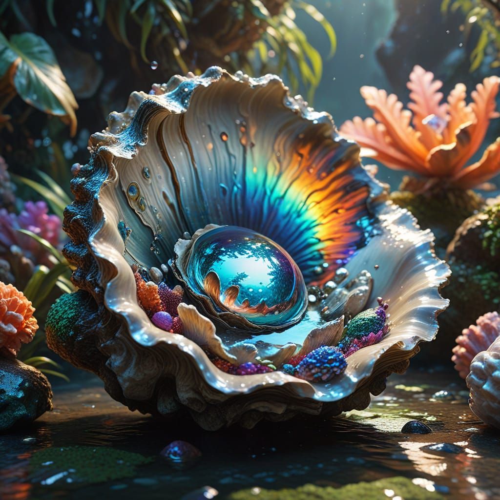 Giant Oyster Shell with Pearl and Mermaid