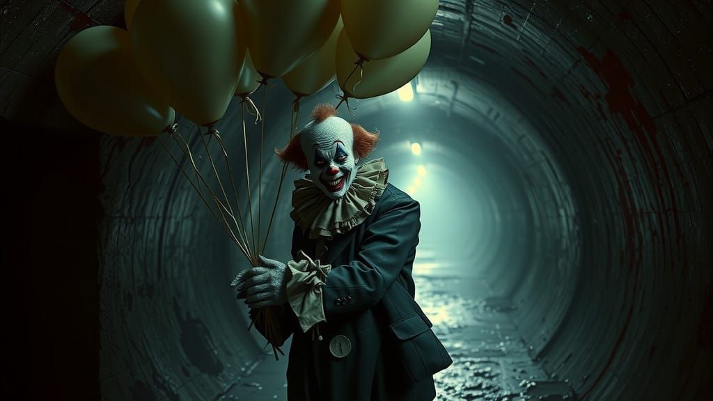 Creepy Clown in Dark, Muted Sewer Scene