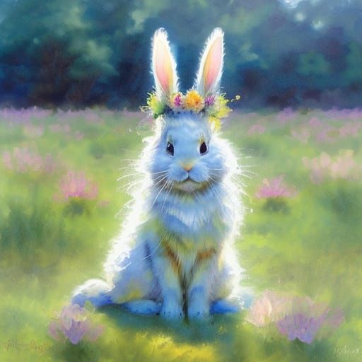 Whimsical Bunny in Idyllic Countryside Oil Painting