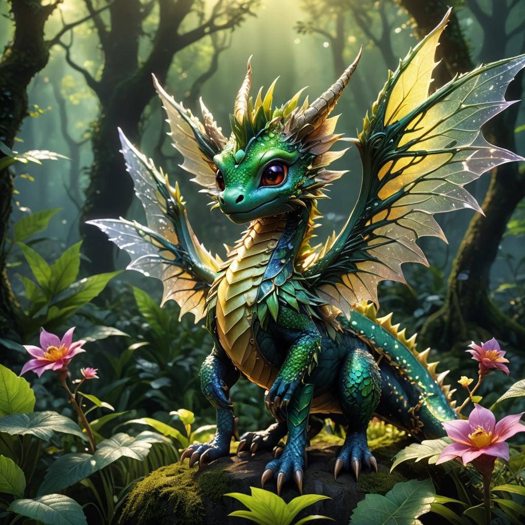 Baby Fairy Dragon with Jeweled Horns in 3D Anime Style