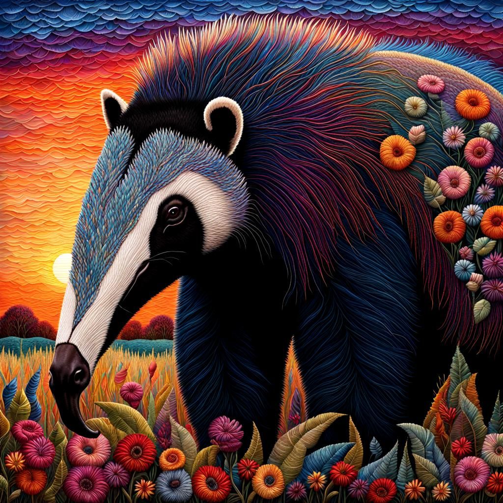 Giant Anteater in Glittery Embroidered Floral Sunset