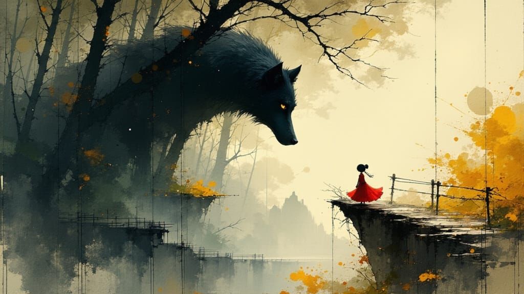 Little Girl and the Wolf, Watercolor Sketch Style