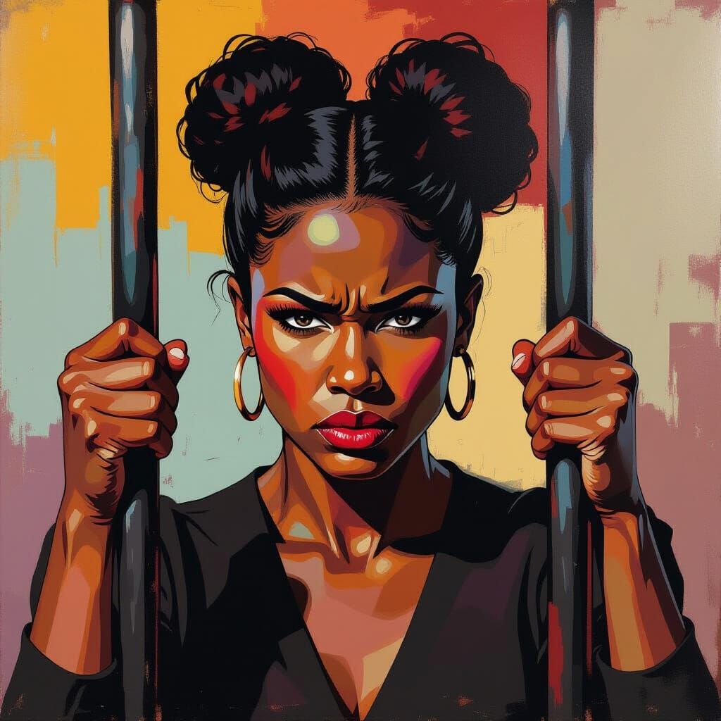 Angry Woman Behind Bars: Abstract Portrait in Vibrant Colors