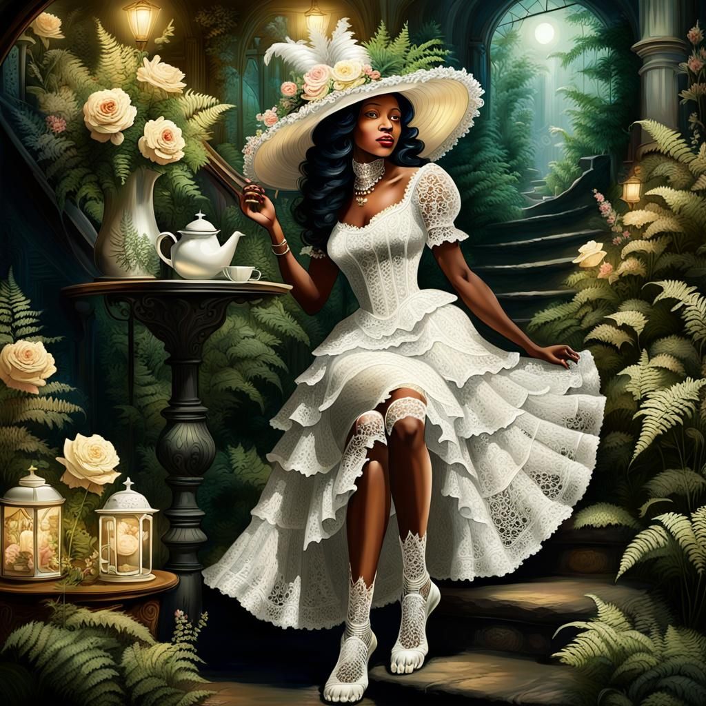 fantasy, glow, shimmer, beautiful black victorian woman in a long white frilly lace dress and a large white hat, cow hoo...