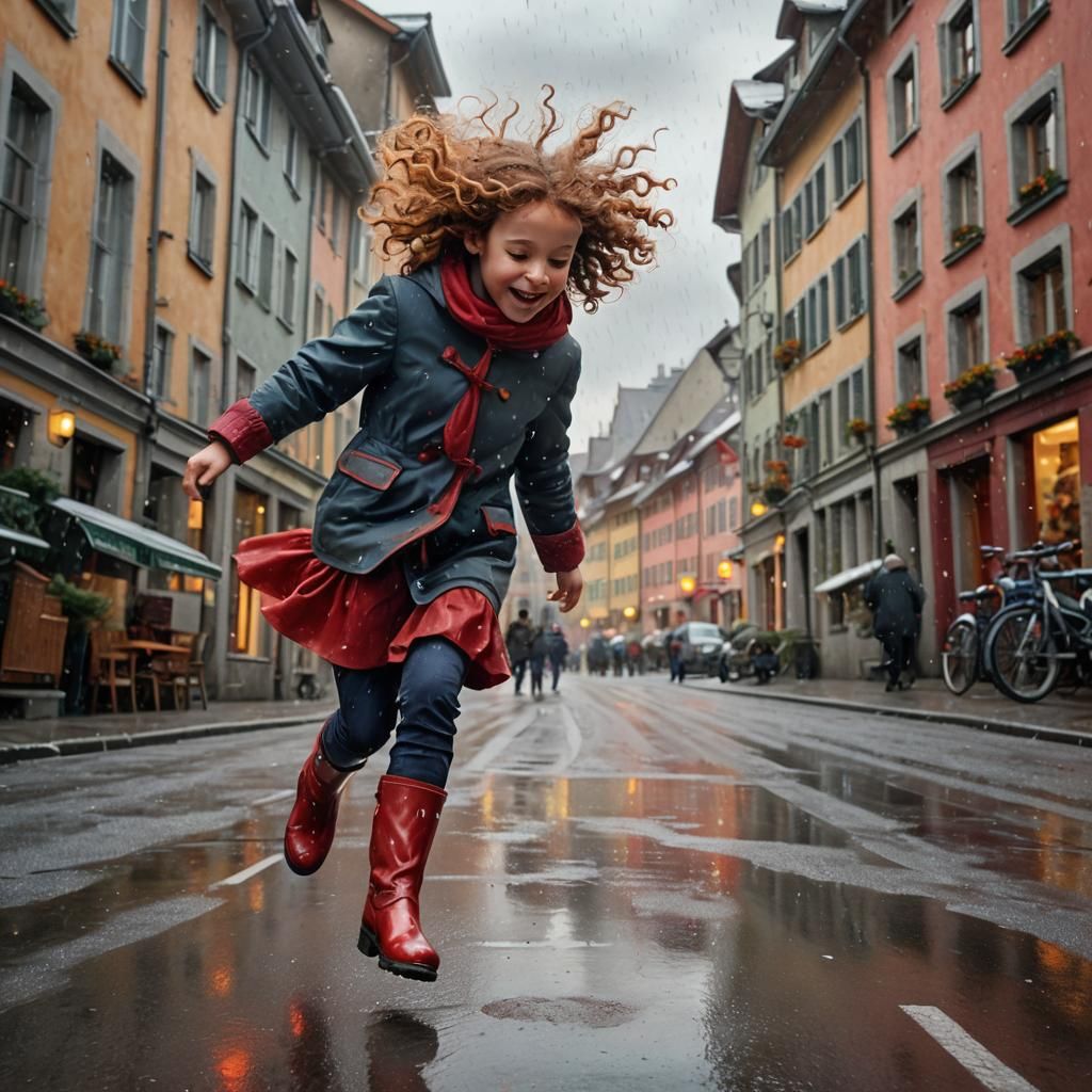 Girl Jumps in Snowy Swiss Street, as Oil Painting