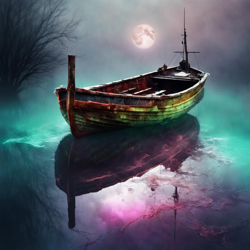 Lonely Boat Under Aurora: Digital Art Reflections