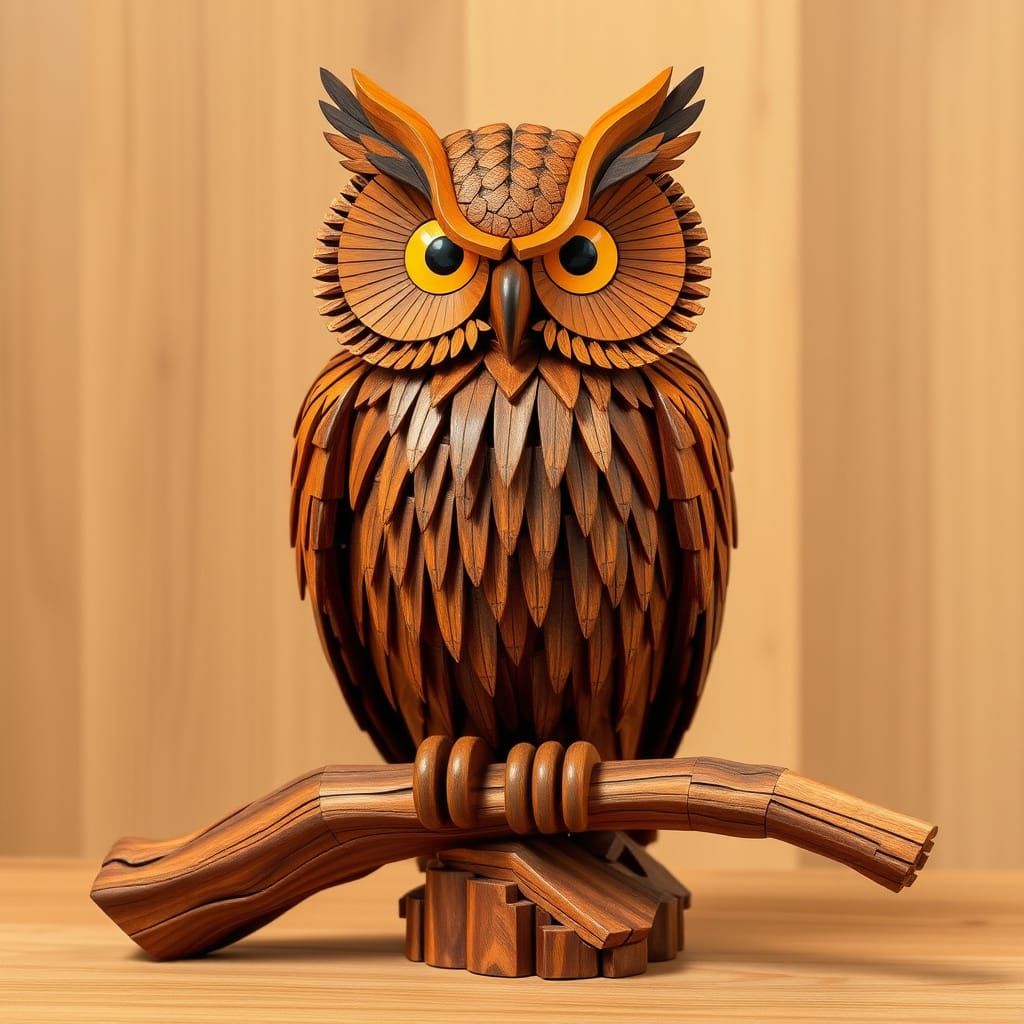 Majestic Wooden Owl Sculpture on Branch