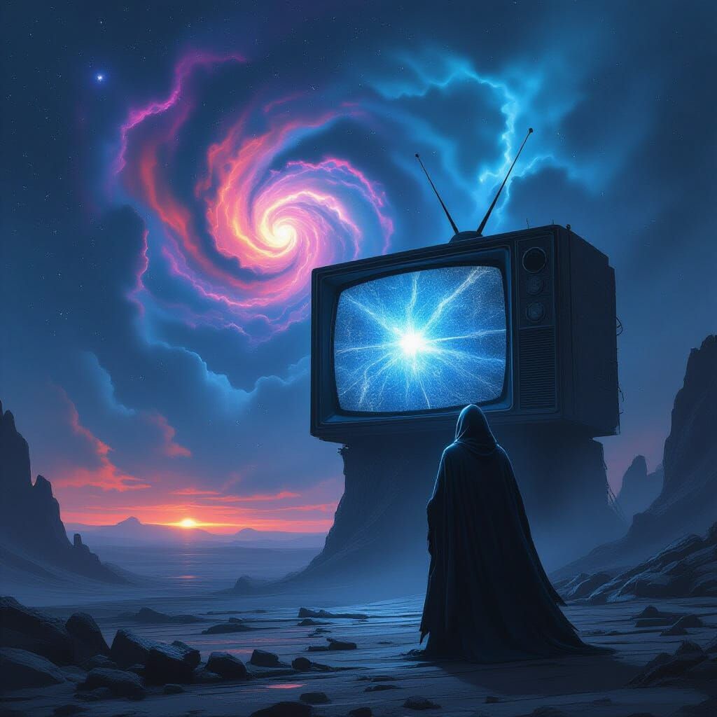 Cosmic Dread: Hooded Figure Before Reality-Warping TV