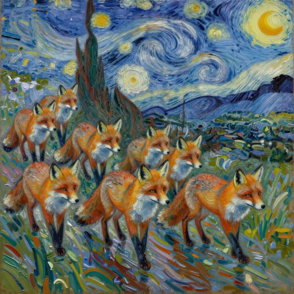 Six Holy Foxes Descend Mountain in Neo-Impressionist Style