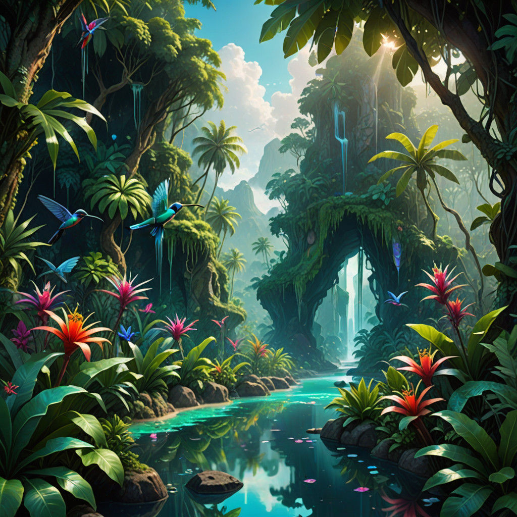 Mystical Caribbean Oasis with Iridescent Gemstones