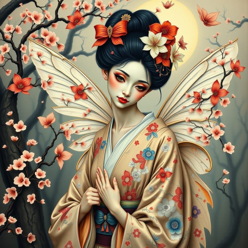 Delicate Fairy Geisha with Cherry Blossoms