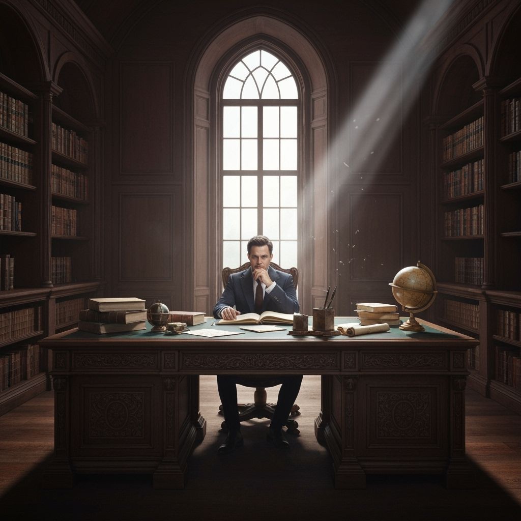 Contemplative Man in Library with Ornate Desk