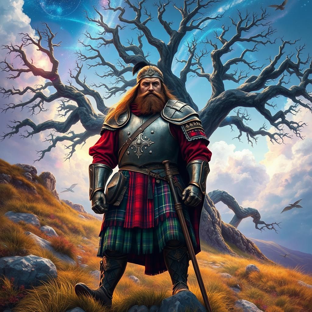 Valiant Highlander on Hill in Surreal Astral Style