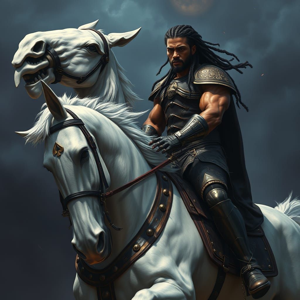 muscular veins popping out black dreadlock man on a muscular white stallion with an ace of spade logo