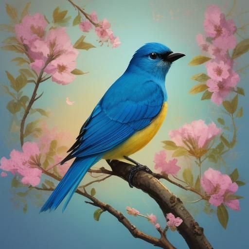 Blue Bird Among Flowers in Painterly Disney Style