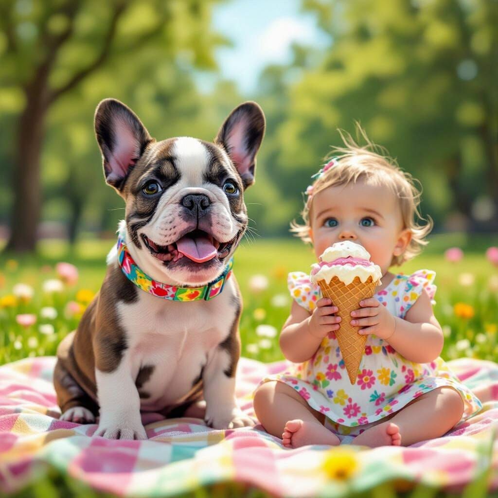 French Bulldog Puppy and Baby Share Giant Ice Cream in Park