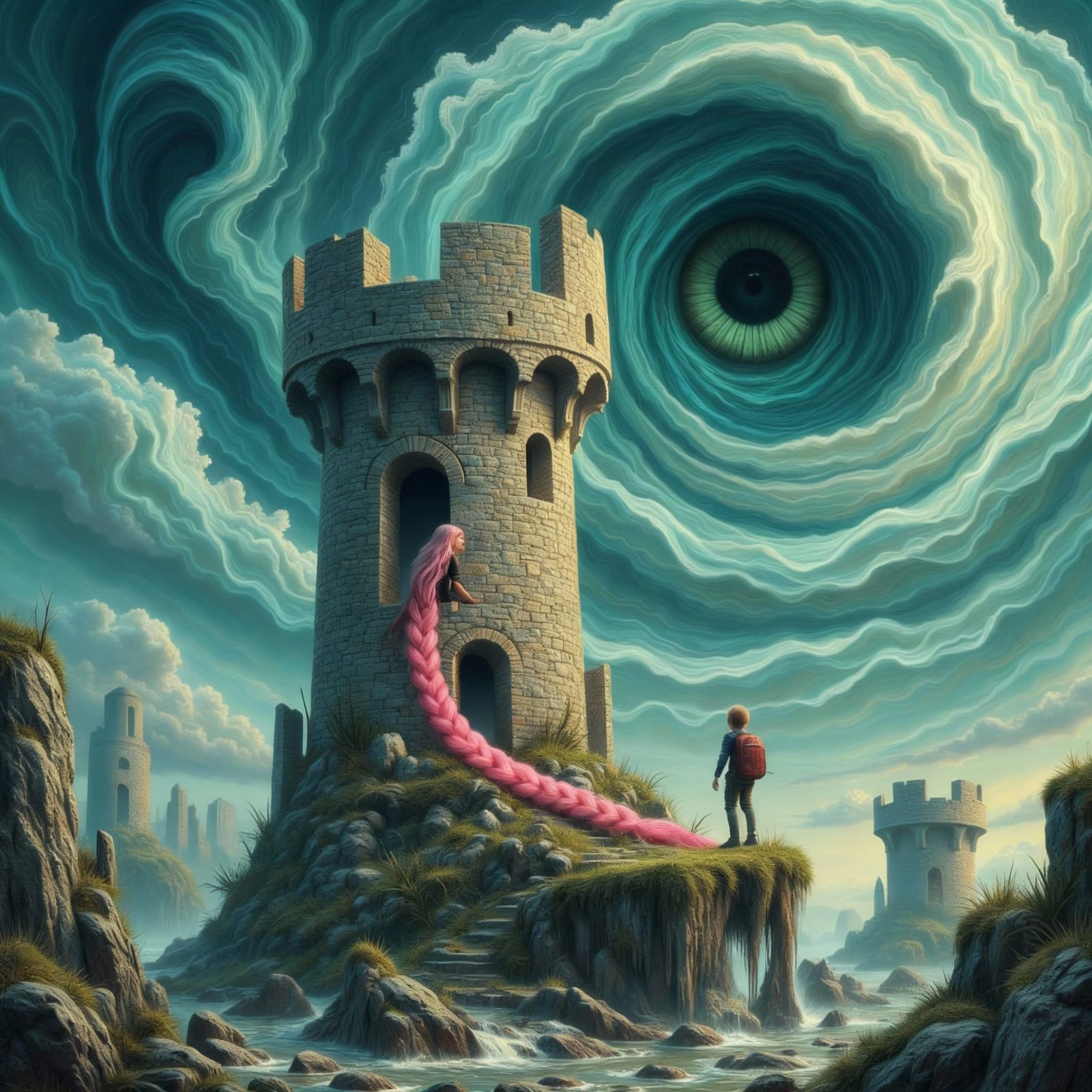 Fantasy Tower Scene with Girl and Watchful Eye