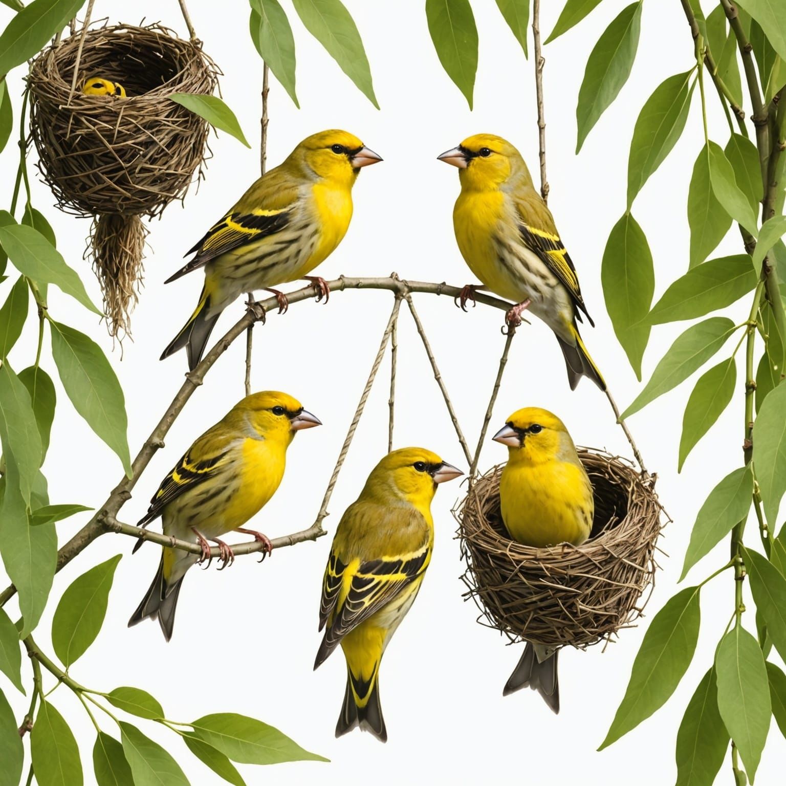 Yellow Finches in Ethereal Weeping Willow Beauty