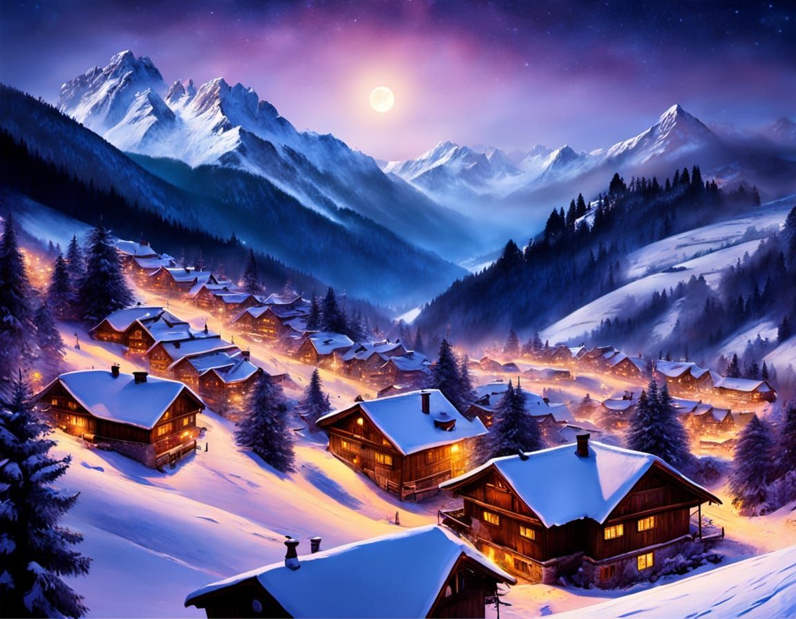 Fairy Tale Alpine Village In Winter At Night