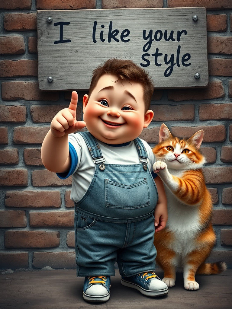 Playful Boy Points with Cat, Dark Fantasy Style