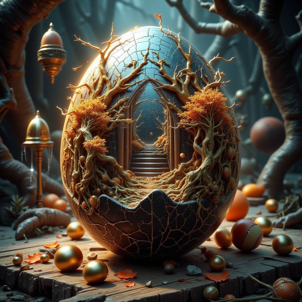 Surreal Labyrinth of Golden Trees and Holographic Egg