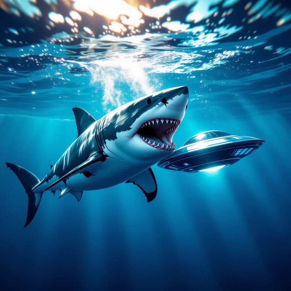 Great White Shark Attacks Flying Saucer Underwater