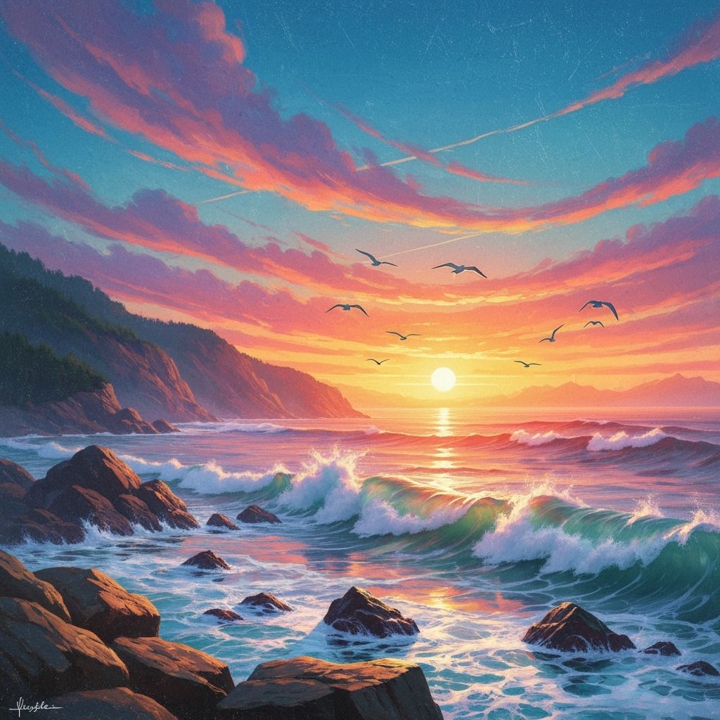 Dreamy Coastline at Sunrise: A Digital Painting