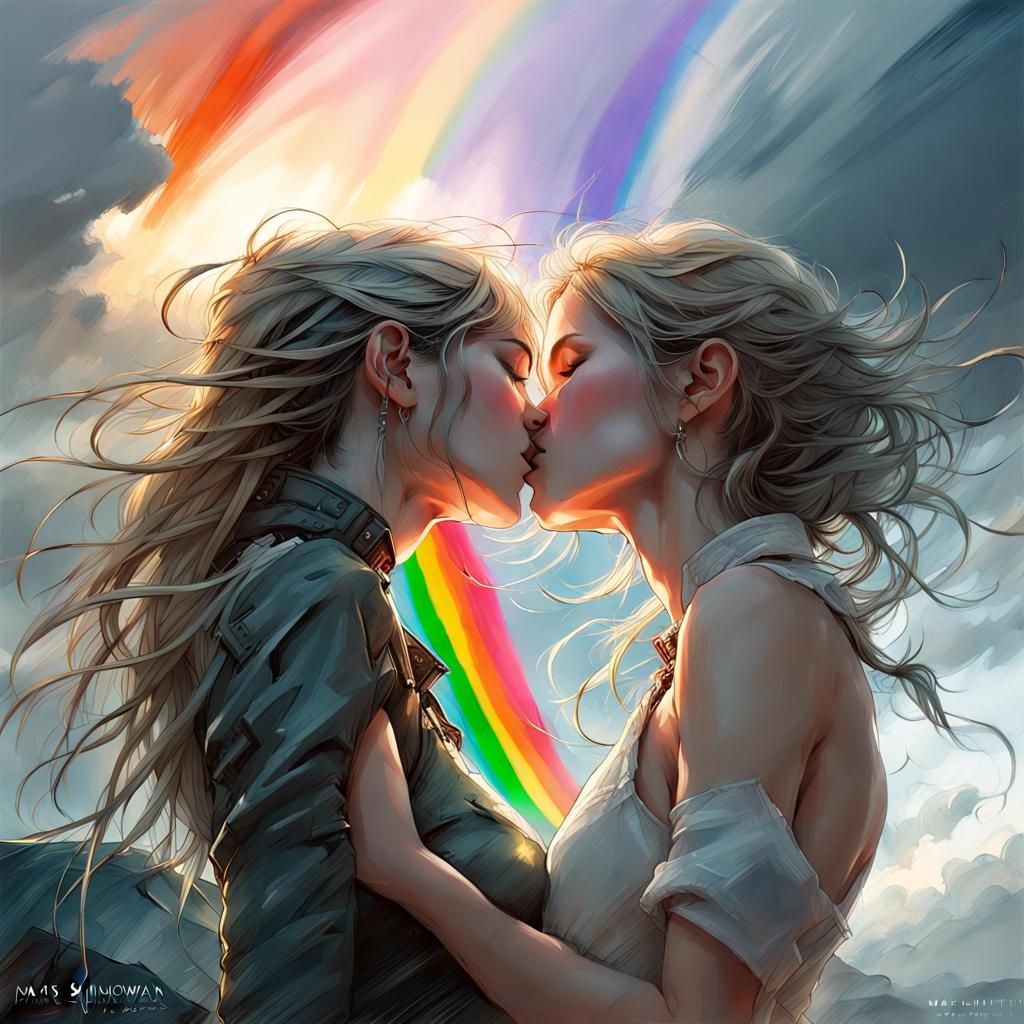 Passionate Lesbian Kiss in Stormy Fantasy Landscape