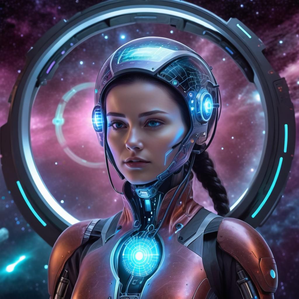 Android Woman in Laboratory with Cosmic Portal