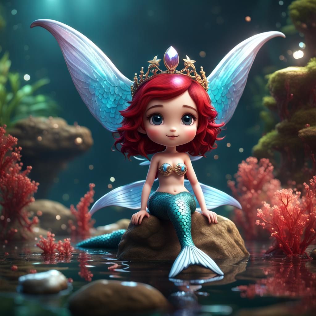 Ruby Mermaid Chibi with Wings: Detailed Matte Painting