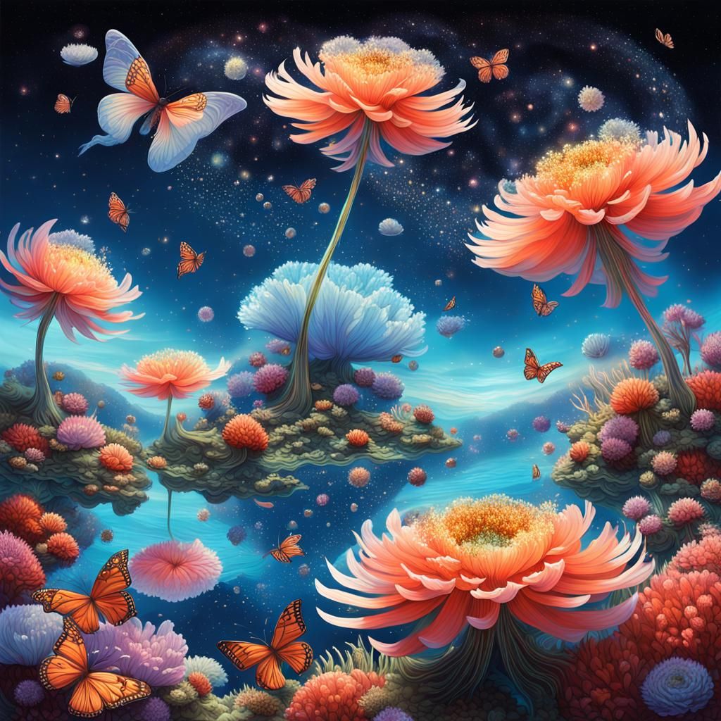 Floating Islands: Giant Flowers in a Dreamlike Sky