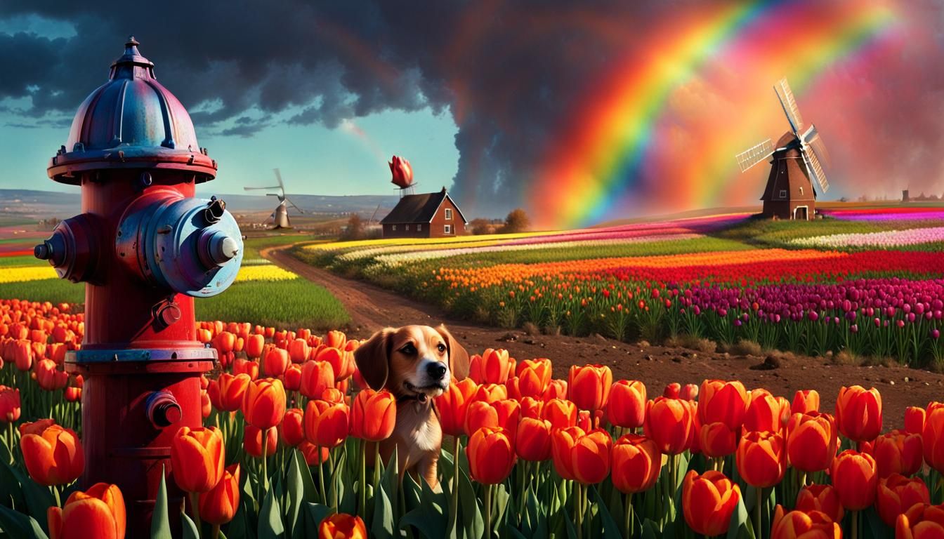 Surreal Fire Hydrant Landscape in Whimsical Style