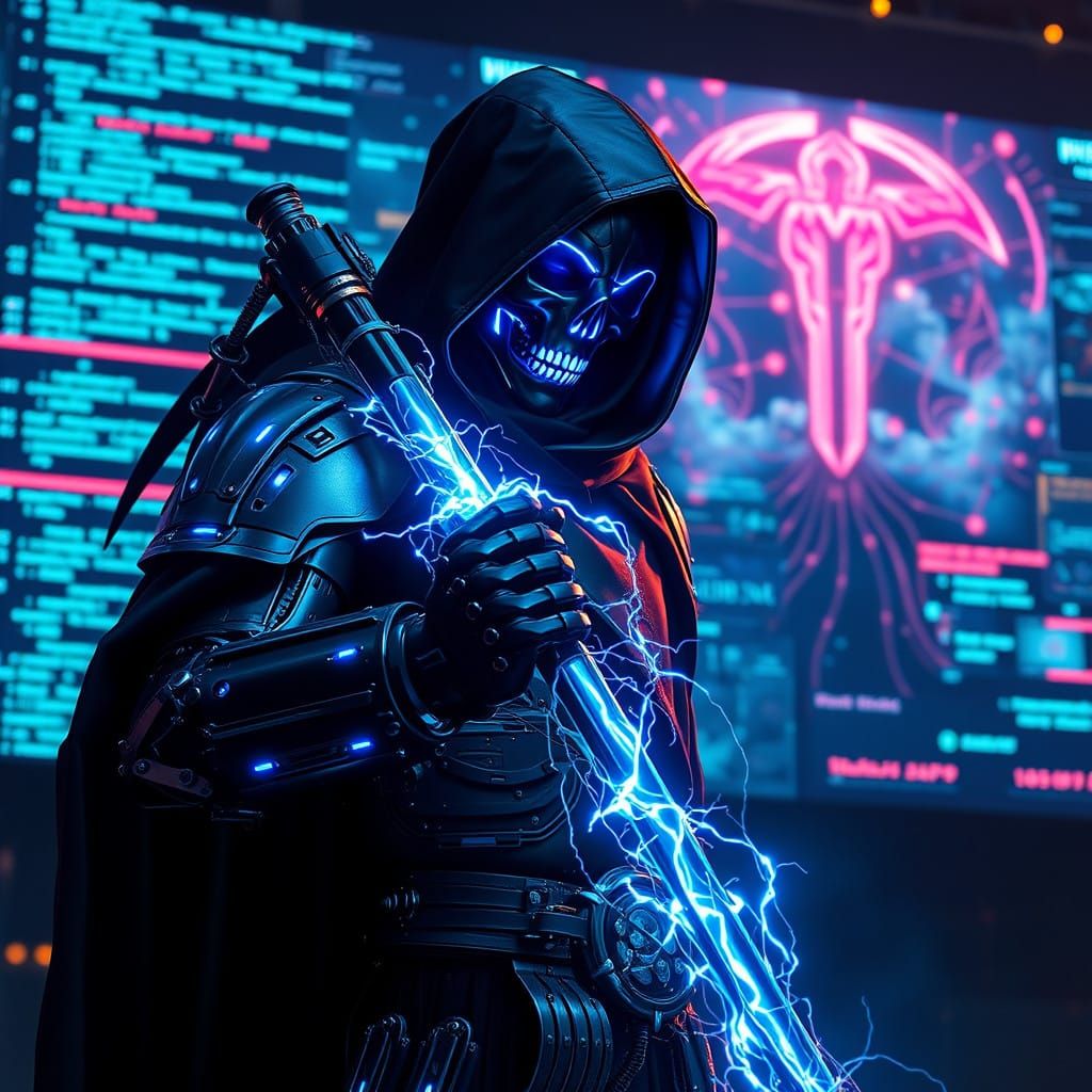 Cybernetic Grim Reaper in Dark, Futuristic Realm