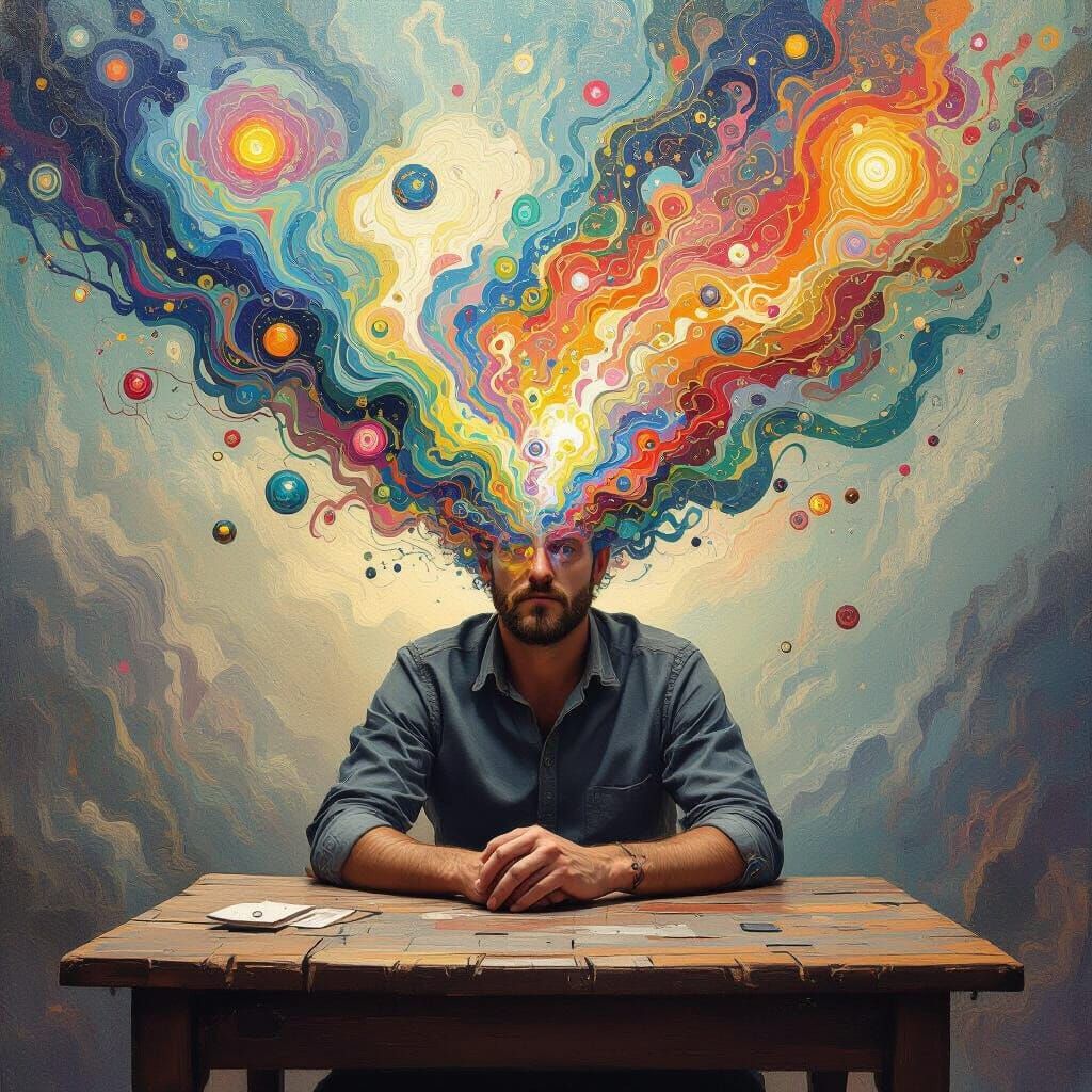 Man's Abstract Thoughts as Colorful Orbs in Van Gogh Style