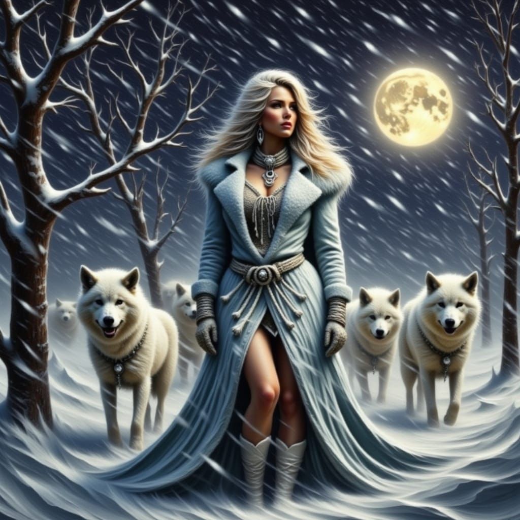 Arctic Wolves and Winter Goddess in Snowstorm