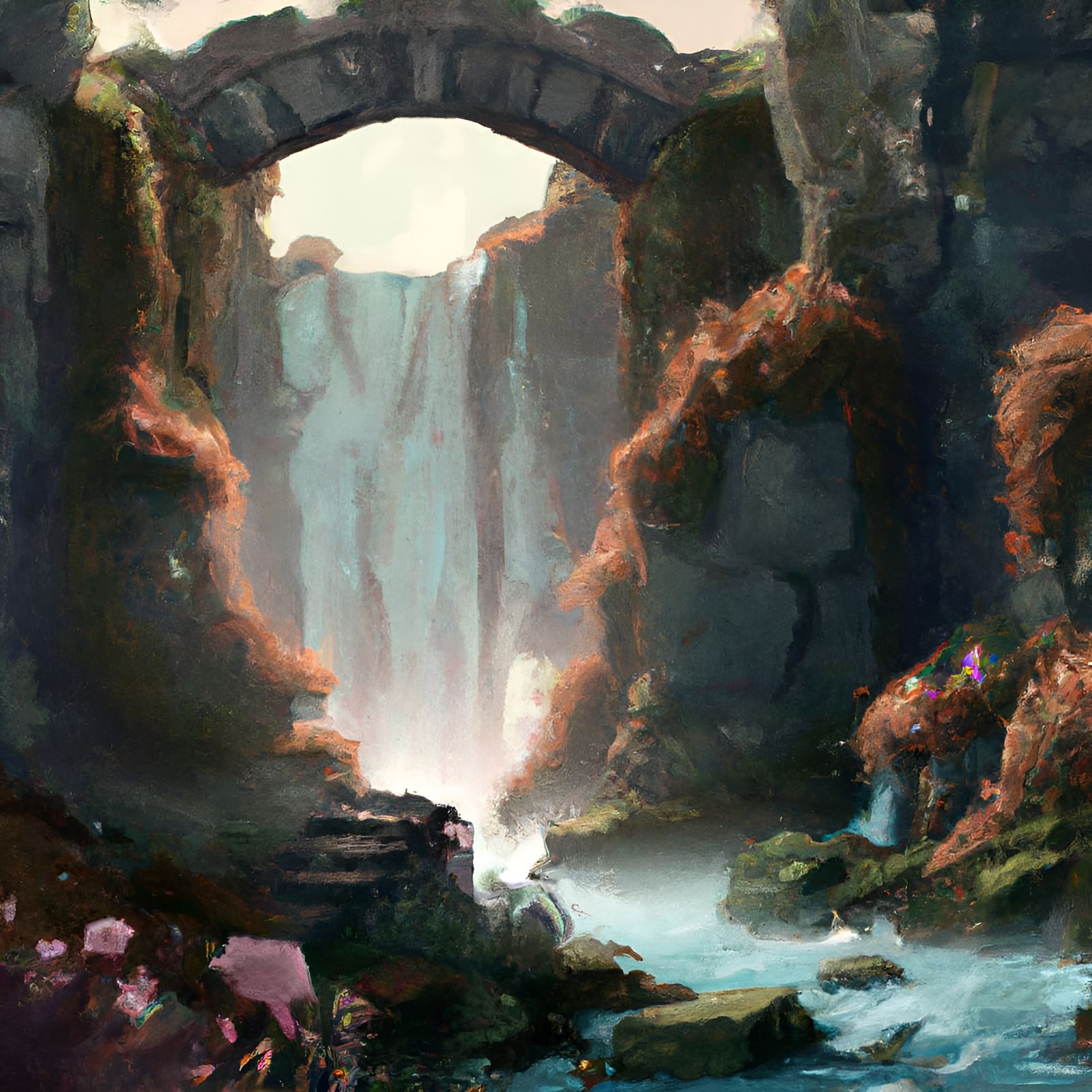Magical Waterfall Bridge Inspired by Odilon Redon