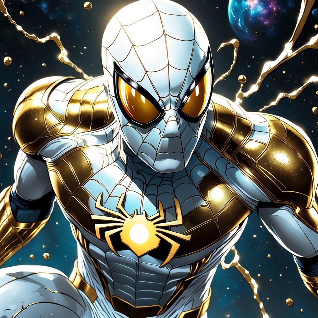 Spider-Man in White and Gold Suit, Comic Book Art