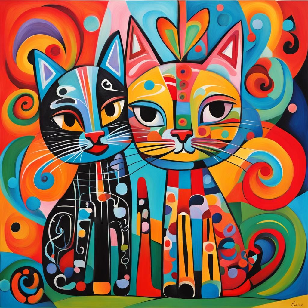 Cubist Cats Playing: Picasso-Inspired Abstract Art